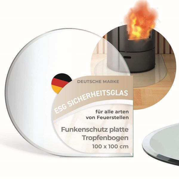 Tropfenbogen Ø 100cm (8mm Dicke) Funkenschutzplatte ESG Sicherheitsglas mit 18mm Facettenschliff – Kamin Glas Bodenplatte Glasplatte