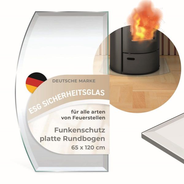 Segmentbogen 65x120cm (6mm Dicke) Funkenschutzplatte ESG Sicherheitsglas mit 18mm Facettenschliff – Kamin Glas Bodenplatte Glasplatte