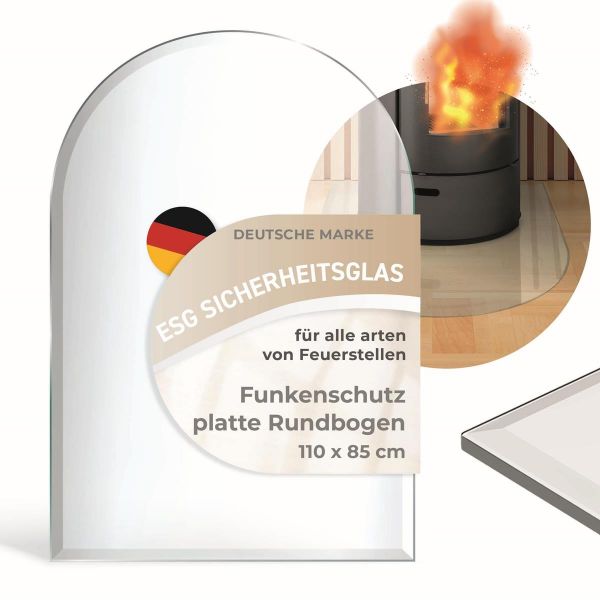 Rundbogen 110x85cm (6mm Dicke) Funkenschutzplatte ESG Sicherheitsglas mit 18mm Facettenschliff – Kamin Glas Bodenplatte Glasplatte