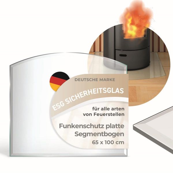 Segmentbogen 65x100cm (6mm Dicke) Funkenschutzplatte ESG Sicherheitsglas mit 18mm Facettenschliff – Kamin Glas Bodenplatte Glasplatte