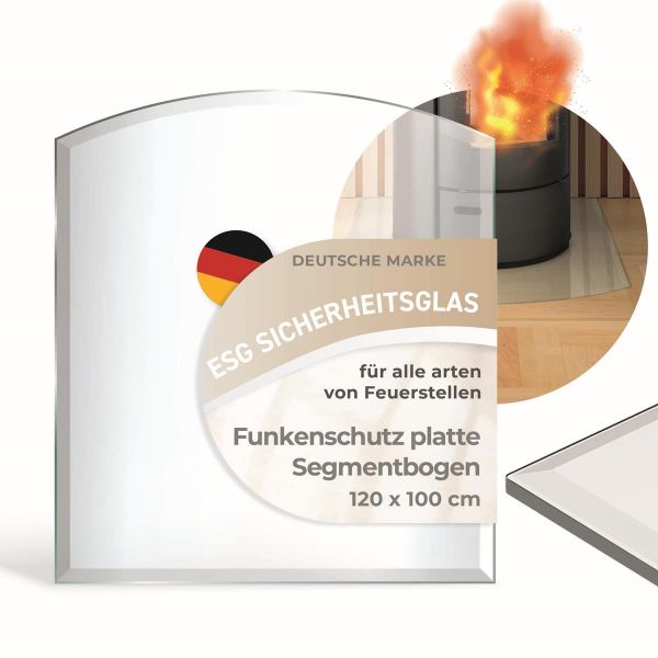 Segmentbogen 120x100cm (8mm Dicke) Funkenschutzplatte ESG Sicherheitsglas mit 18mm Facettenschliff – Kamin Glas Bodenplatte Glasplatte