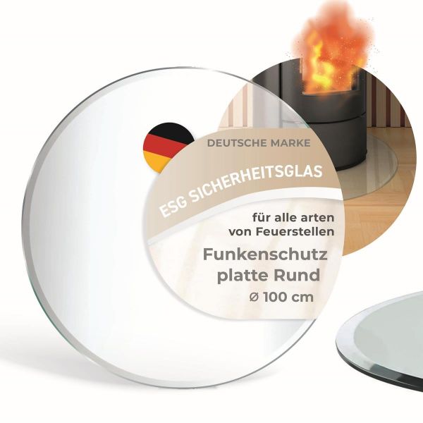 Kreis Ø 100cm (8mm Dicke) Funkenschutzplatte ESG Sicherheitsglas mit 18mm Facettenschliff – Kamin Glas Bodenplatte Glasplatte