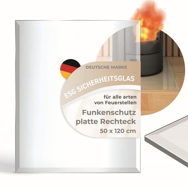Rechteck 50x120cm (6mm Dicke) Funkenschutzplatte ESG Sicherheitsglas mit 18mm Facettenschliff – Kamin Glas Bodenplatte Glasplatte